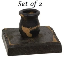 NEW Primitive TAPER CANDLE HOLDERS 2.25"H x 3.5"W 2 PCS Rustic BLACK Distressed
