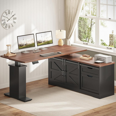 Farmhouse L Shaped Standing Desk, 55 Inch Height Adjustable Corner Desk with Sto
