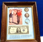 1887 MORGAN DOLLAR & 1923 PEACE DOLLAR & 1957 SILVER CERT. FRAMED SILVER STORY