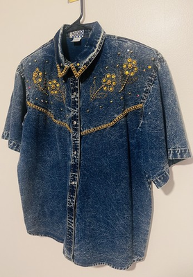 #ad VTG Pretty Bleu Denim Acid Wash Shirt Women’s Small Medium 80s Beaded Metallic $14.99