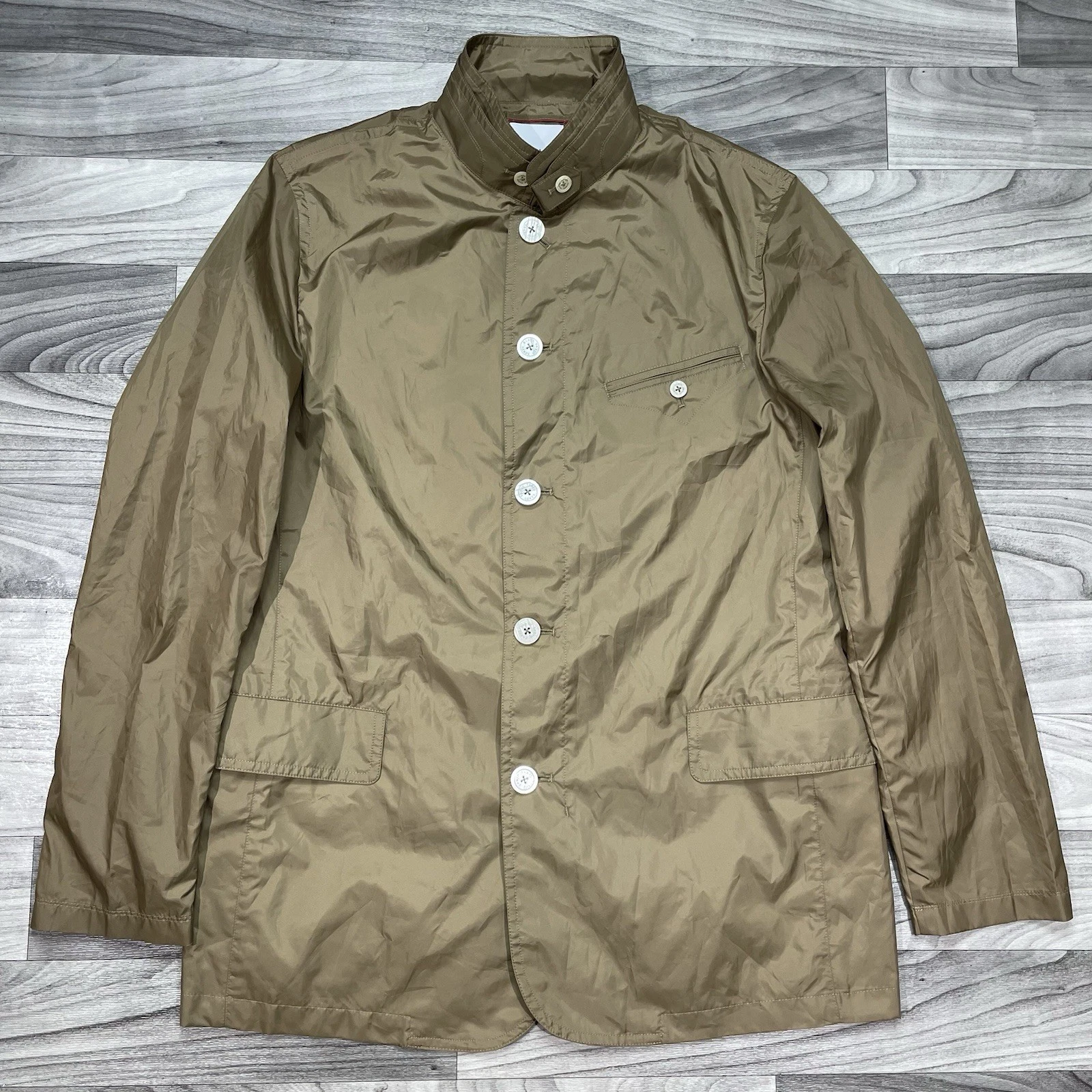 Sanyo Packable Rain Jacket Mens XL Khaki Green Travel Lightweight Coat Buttons
