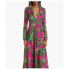 FARM Rio Leaves Print Long Sleeve Maxi Dress in Leaves Pink | XL
