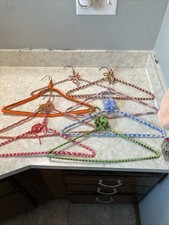 8 Vintage Hand Crocheted Wire Coat Clothes Colorful Hangers Nonslip Pom Poms
