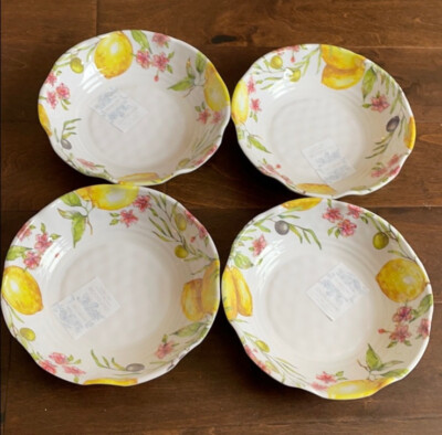 4 SHABBY CHIC Lemon Olives SALAD Cereal BOWLS Pasta MELAMINE Yellow 9'' NEW