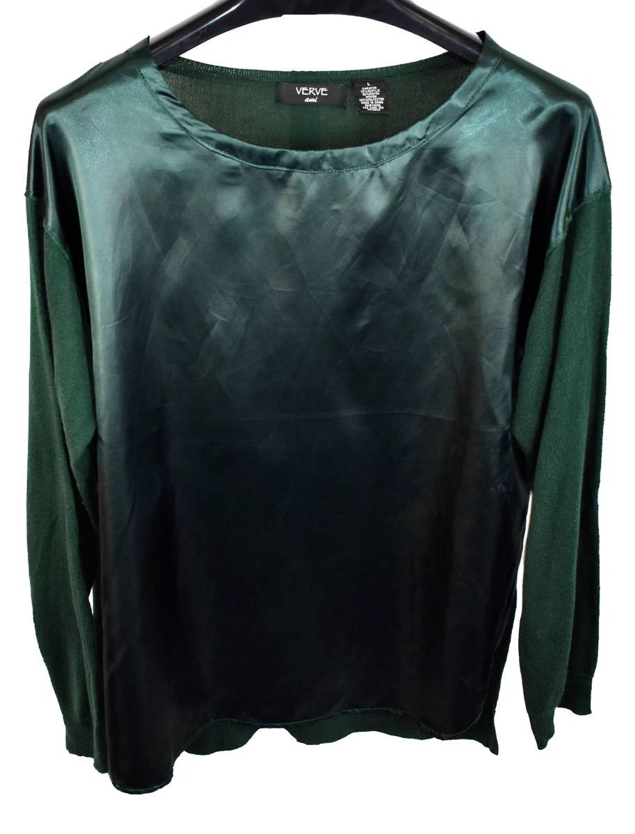 Verve Sweater Size L Dark Green Sateen Satin Front Crew Neck Pullover