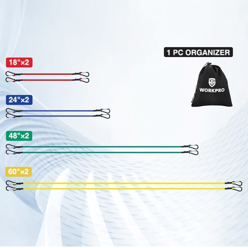 WORKPRO 8PCS Bungee Cords w/Hooks Strap Heavy Duty Bungee Straps 18" 24" 48" 60" - Picture 2 of 11