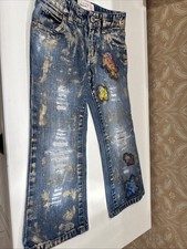 Old Navy Girl  s Size 4 Blue Denim Abstract Painted Adjustable Waist Jeans