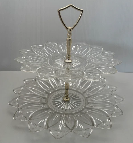 2 Tier Serving Tray Petal Clear Pattern by Federal Glass Vintage 1960s