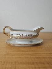 Antique PMB House of Dresden Gold Filigree Gravy Boat with attached plate