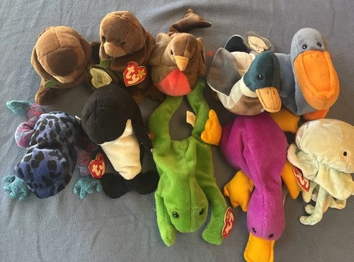 Ty Beanie Babies VTG Lot Of 10 Water Loving Animals Frog Otter, Jellyfish Duck