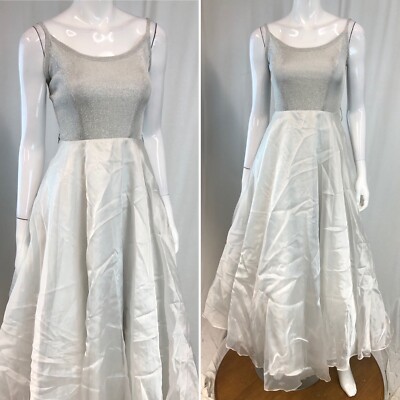 Vintage USA 4 Silver Gray Sleeveless Fit & Flare Maxi Dress Tulle Princess Gown