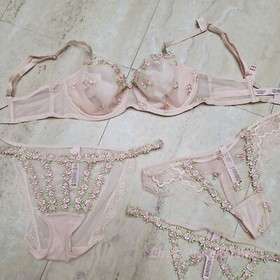 Victoria's Secret Dream Angels unlined bra set embroidery pink rose bud sheer
