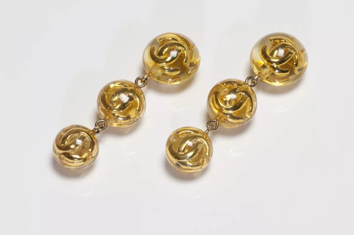 Chanel Paris 1990’s Long CC Yellow Lucite Ball Drop Earrings