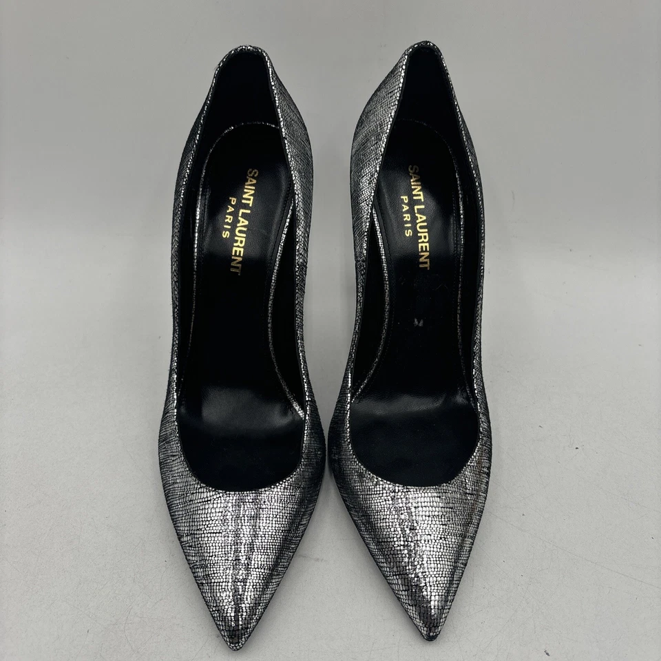 Tacones altos Saint Laurent Zoe metálicos plateados punta para mujer talla 38 Foto 4 de 4