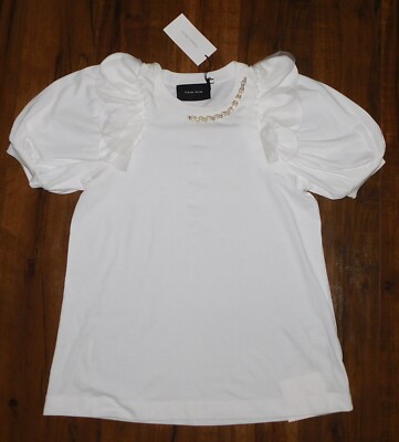 NWT SIMONE ROCHA SZ XS WHITE PUFF SLEEVE SHIRT PEARL CRYSTAL EMBELLISHED TOP