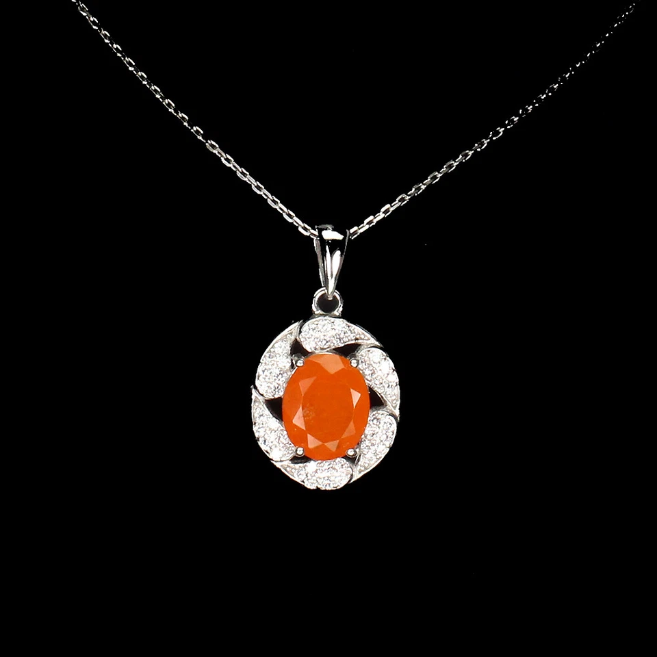 925 Argento Sterling Collana Ovale Arancione Opale di Fuoco 10x8mm Cz Gemma - Immagine 2 di 4