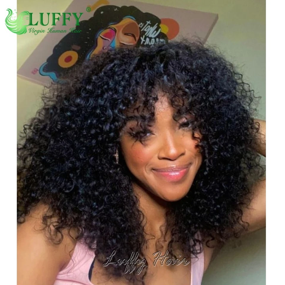 Pelucas de cabello Jerry cuero cabelludo rizado hechas a máquina con flequillo peluca de cabello rizado para mujer Foto 2 de 4