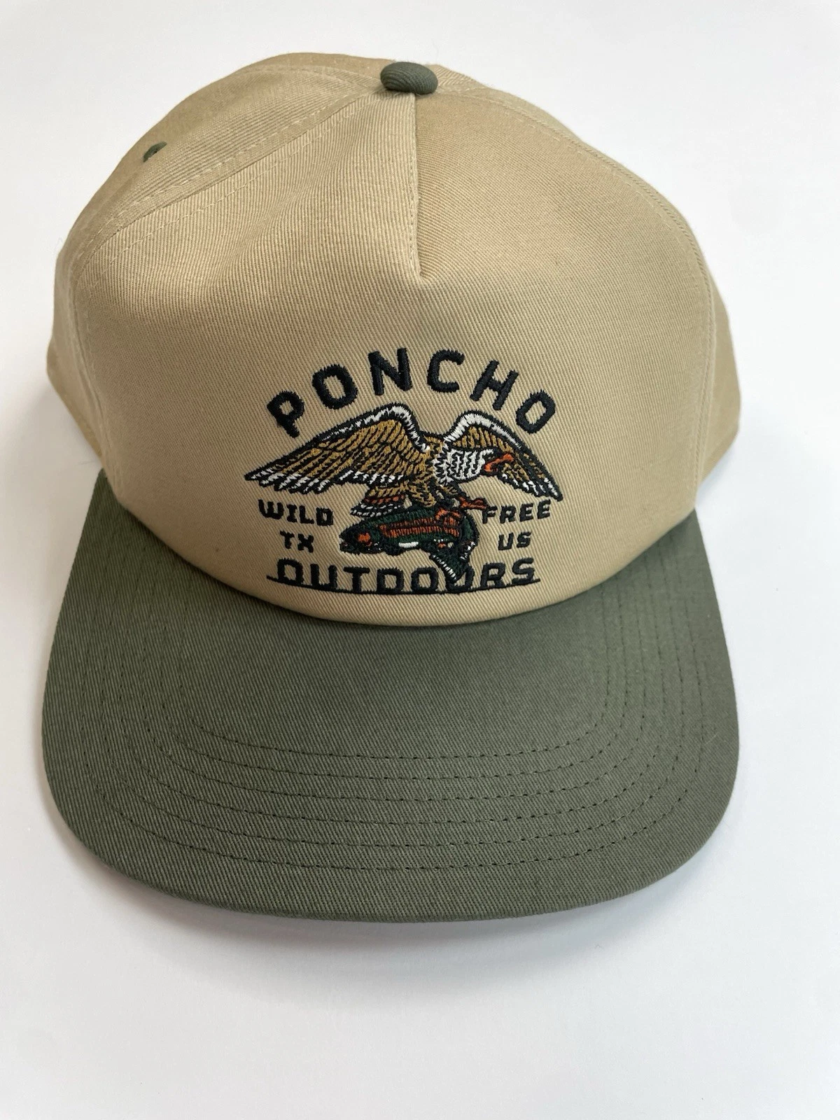 PONCHO OUTDOORS Eagle and Trout Snapback Hat NWOT Tan Sage Green Trucker Cap