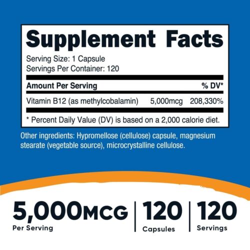 Nutricost Vitamin Methyl B12 Methylcobalamin 5000mcg 120 Capsule Superior Grade - Picture 4 of 4
