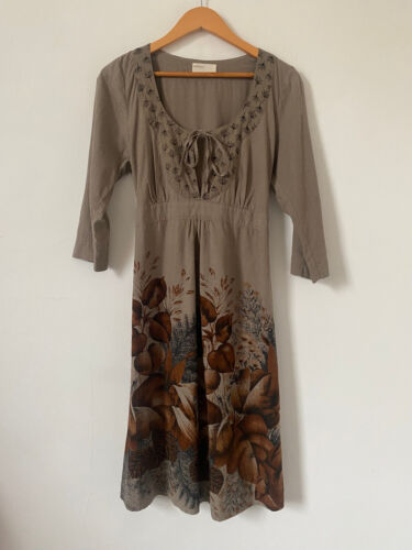 Rutzou Dress 10 Taupe Brown Leaf Silk Cotton 3/4 Sleeve Scoop Knee Length EU 38 - Picture 1 of 11