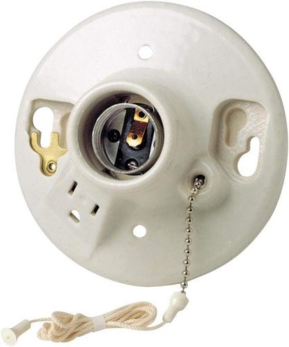 One-Piece Glazed Porcelain Outlet Box Mount with Pull Chain, Top Wired, White - Picture 3 of 5