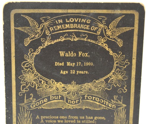 Antique - Cabinet Card/Funeral Card - Waldo Fox Died 1909 - 4"x6" - Gold Writing - Picture 2 of 6