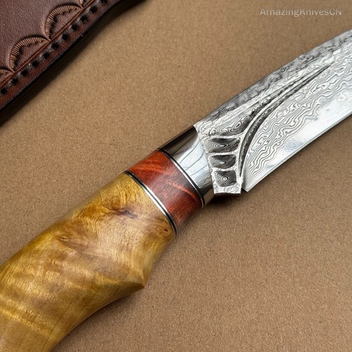 Coltello da caccia artigianale Damasco Vg10 sopravvivenza lama fissa con fodero in pelle - Foto 8 di 18