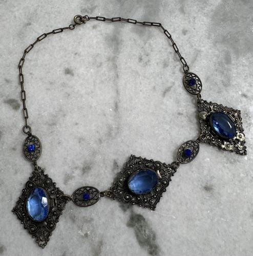 Antik viktorianisch tschechisch blau Glas filigran Latz Halsreif Halskette - Bild 11 von 14