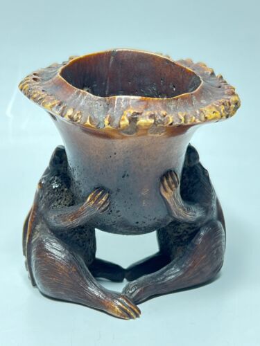 19c. Japan Meiji Bowl Wood Carving Two Rabbits Lily Incense Burner Pot Signed - Picture 2 of 16