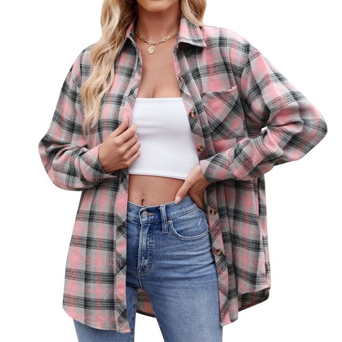 Womens Check Blouse Casual Loose Lapel Shacket Tops Shirts Coat Button Oversized - Picture 6 of 40
