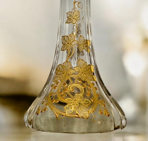 Moser Harrach Böhmische 10" VASE klar mit erhabenem Gold & Emaille Weinrebe Antik - Bild 13 von 19