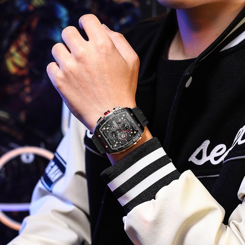 Reloj de pulsera cuadrado de lujo con banda de goma resistente al agua acero inoxidable con fecha para hombre - Imagen 7 de 25