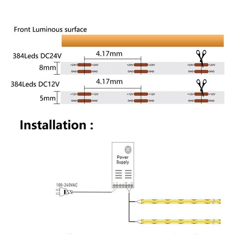 5mm FCOB LED Strip Light 384 LED Flexible 8mm Led Light 3000K 4000K 6000K12V 24V - Picture 5 of 6
