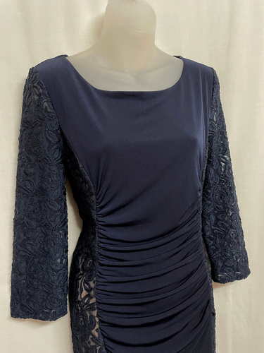 Midi Dress Bodycon Phase Eight Size 16 Navy Lace Stretch Ruched 3/4 Sleeve NEW - Picture 6 of 14