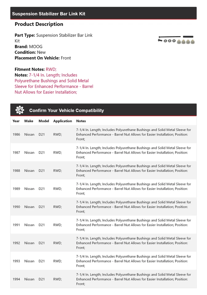 Kit de enlace de barra estabilizadora de suspensión delantera MOOG 1986-1994 Nissan D21 tracción trasera 1986 Foto 2 de 4