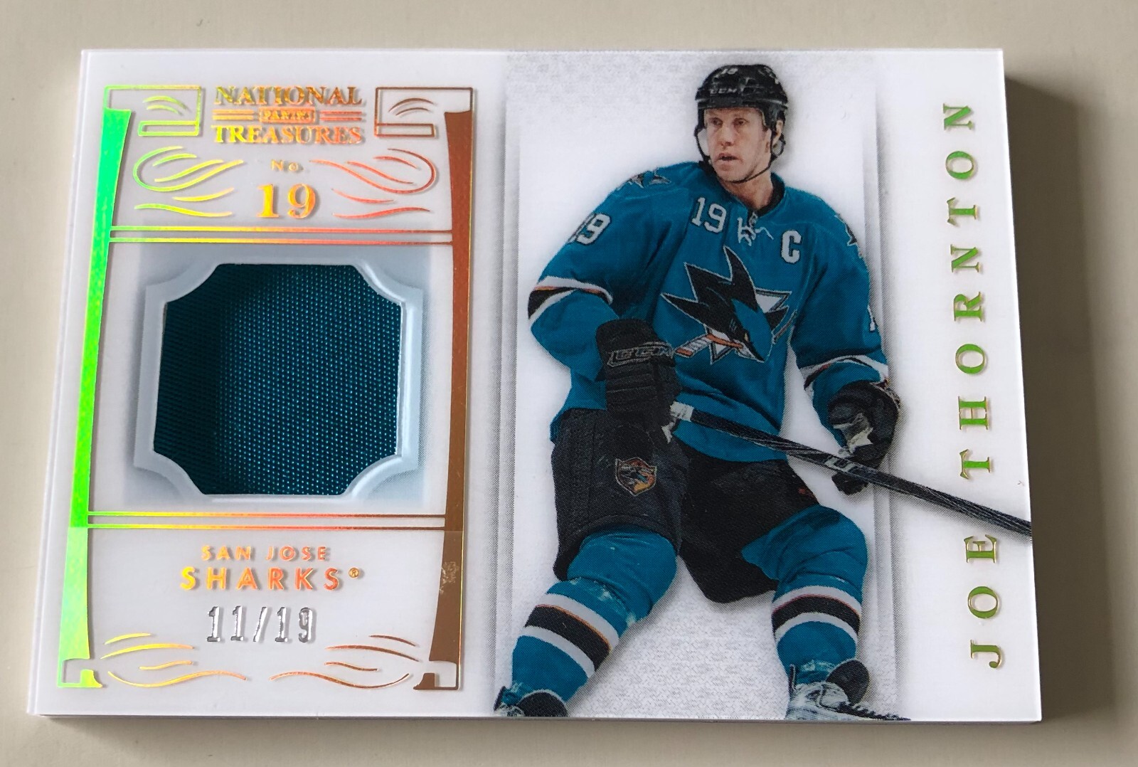 2013-14 PANINI NATIONAL TREASURES BASE JERSEY . JOE THORNTON. 11/19.