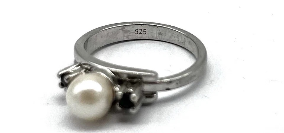 925/- Silber Ring, Perle, Saphire, rund, Muster, Gr. 54, Sterlingsilber - Bild 3 von 3