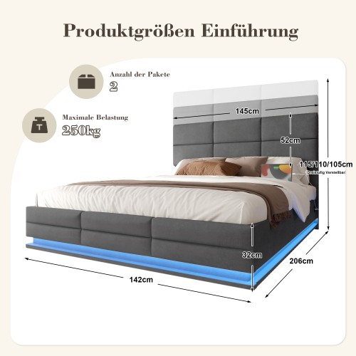 Polsterbett 140x200cm Doppelbett Bettgestell mit Bettkasten USB/ LED-Licht Grau - Bild 30 von 36