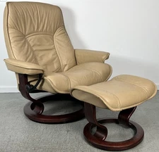 Ekornes Stressless Large "Governor" Sand Leather Swivel Recliner Chair &Ottoman