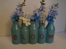 5 Attached Aqua Ceramic Bud Vases That Spell Bloom