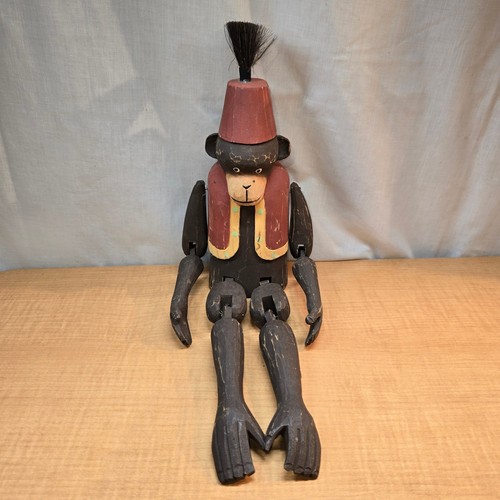 Vintage Wooden Carved, Jointed and Painted Monkey Shelf Sitter With Fez ~19"