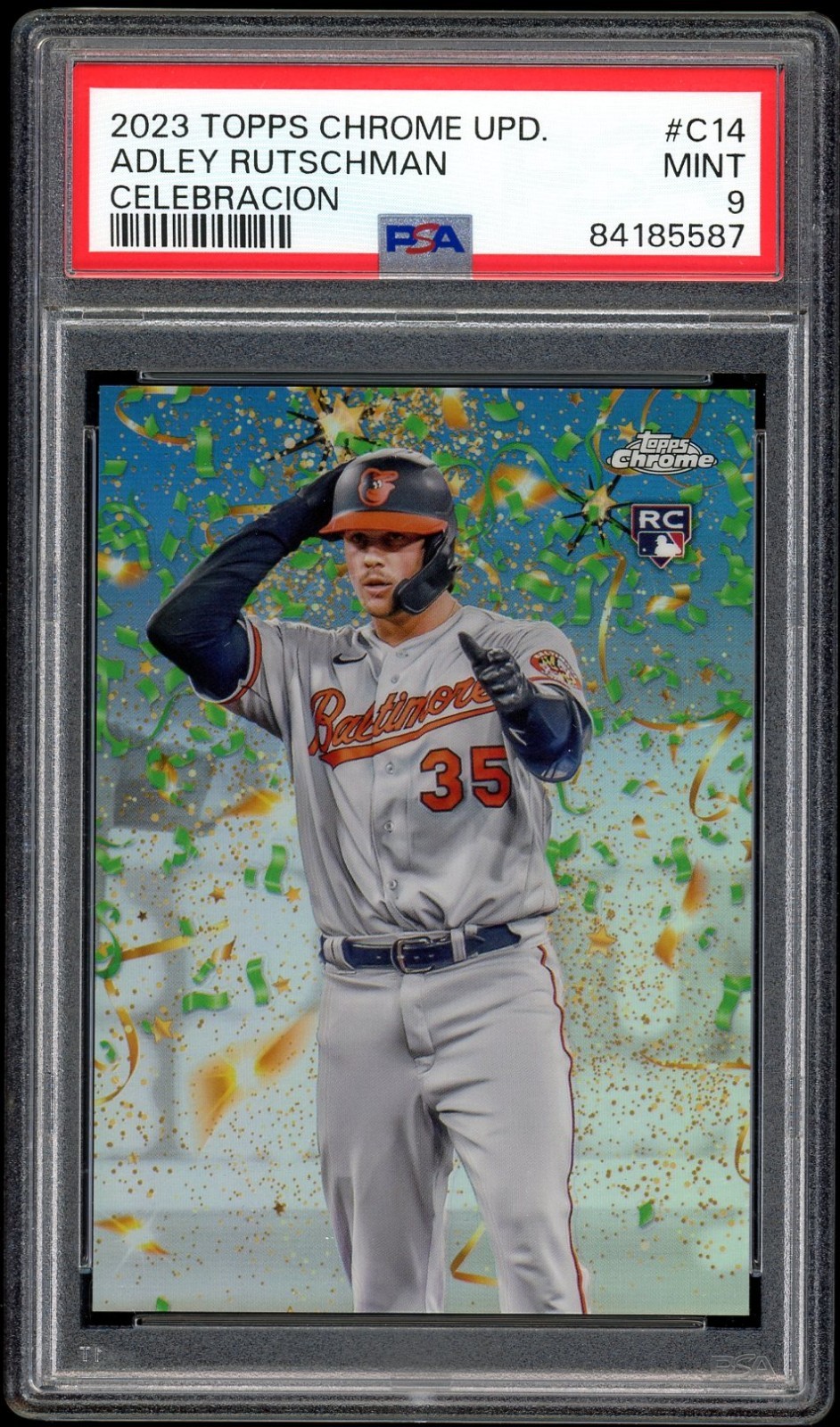 2023 TOPPS CHROME UPDATE CELEBRACION ADLEY RUTSCHMAN /99 #C14 RC Rookie PSA 9