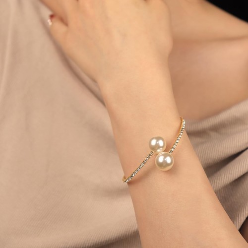 Glitter Crystal Rhinestone Cuff Bracelet Layered Pearl Adjustable Tennis Bangle - Bild 2 von 7