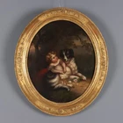 Antique Painting Little Girl with Dog Oil on Canvas XIX Century Original