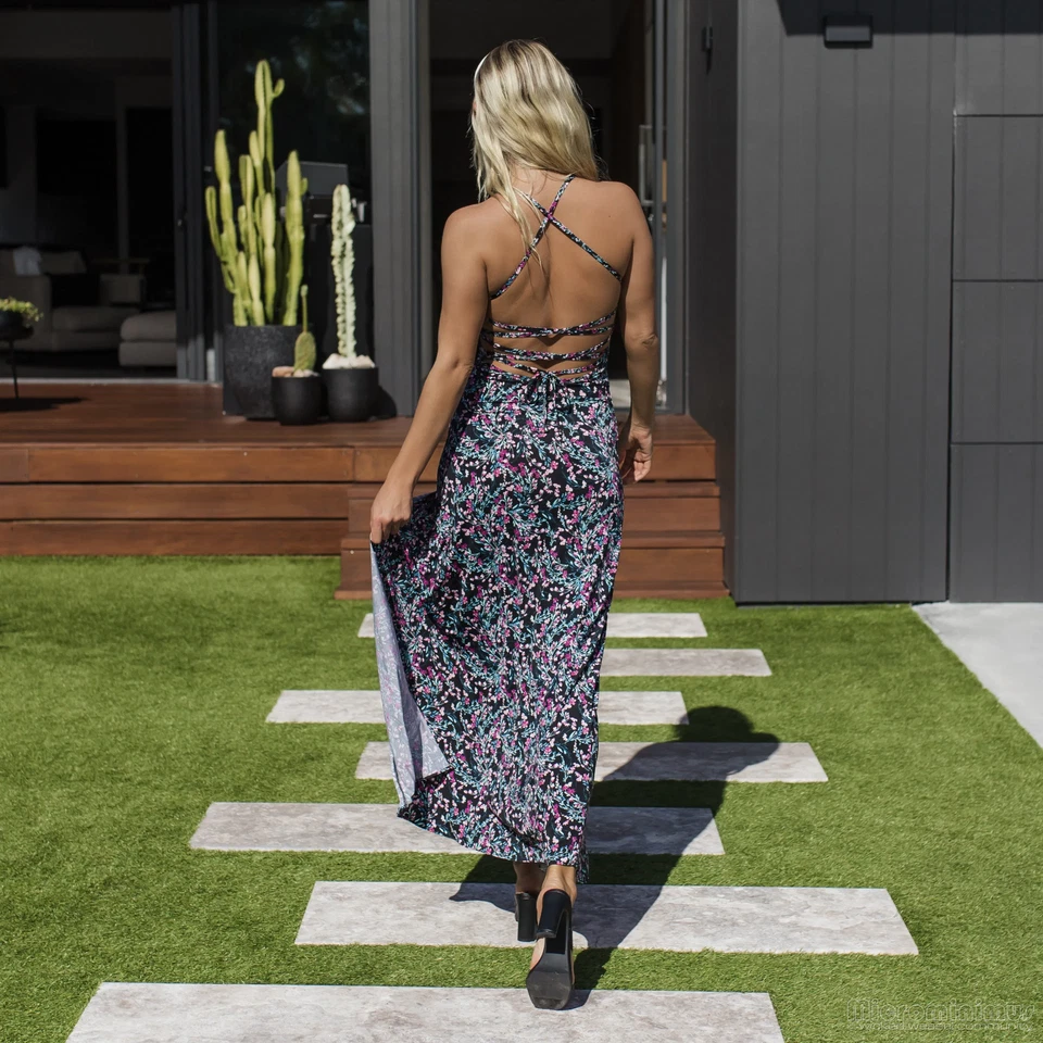 Vestido largo Wicked Weasel negro estampado floral Elka con cordones espalda talla S Foto 3 de 4