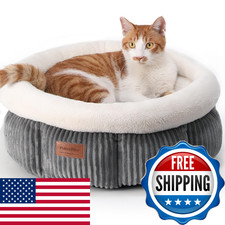 FUKUMARU Cat Bed, Corduroy Round Cat Beds for Indoor Cats, Washable Fluffy Pet B