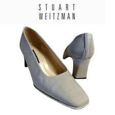 Stuart Weitzman VTG 90s Taupe Square Toe Textured Block Heels Womens 8.5 Pumps