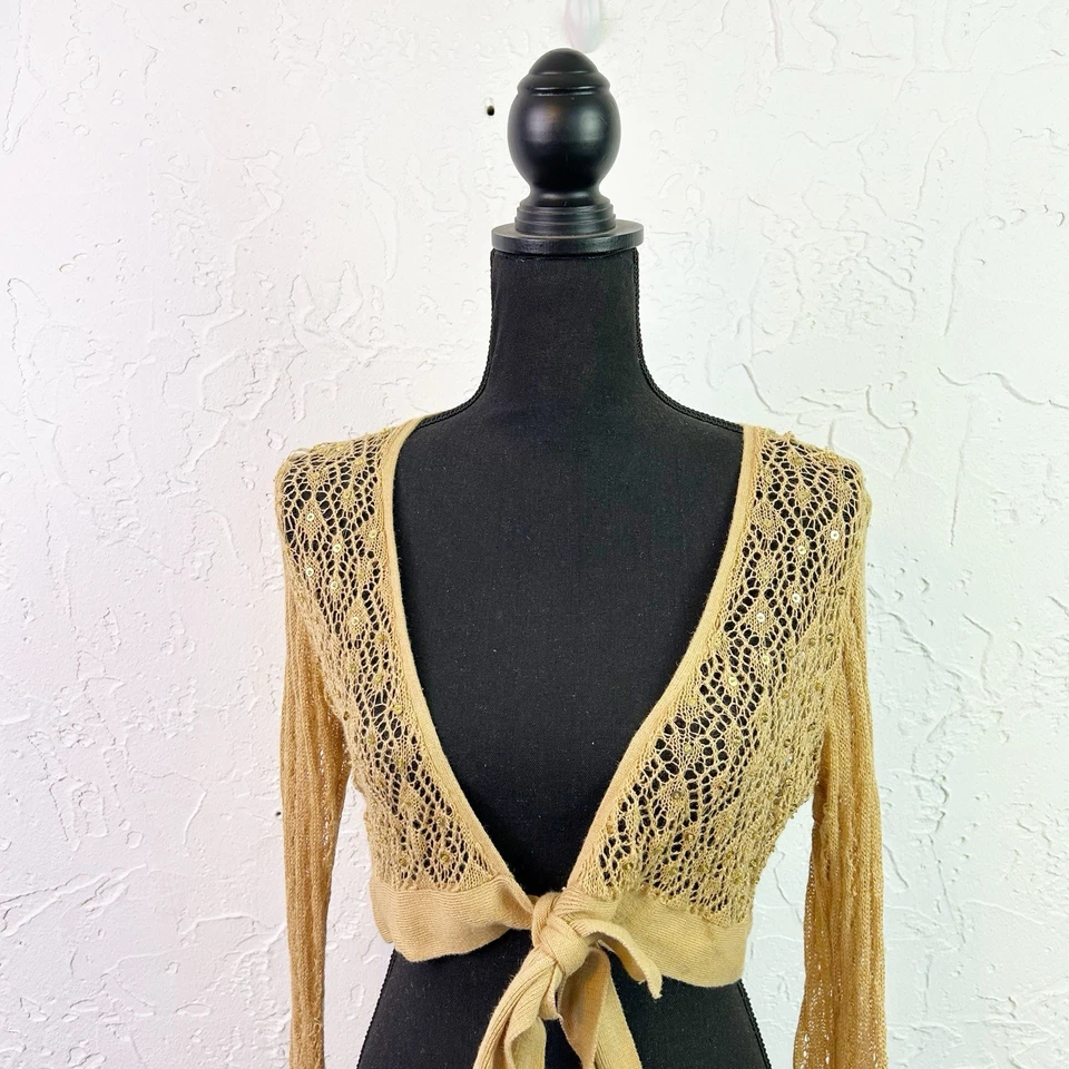 Cardigã Vintage Y2K Dourado Lantejoulas Frente Encolher Encolher Tamanho Grande Fairycore - Imagem 3 de 4