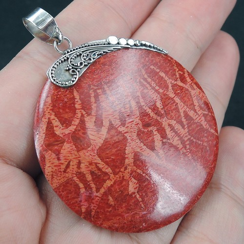 925 Sterling Silver Round Natural Red Coral Pendant Hand Made Jewellery, RCP-142 - Picture 1 of 7