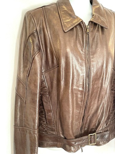 Bata and More Italian Brown Leather Moto Motorcycle Ruched Buckle Jacket EU 50 L - Picture 6 of 11